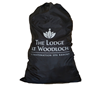 Sample of a black laundry bag with white print "Woodloch"