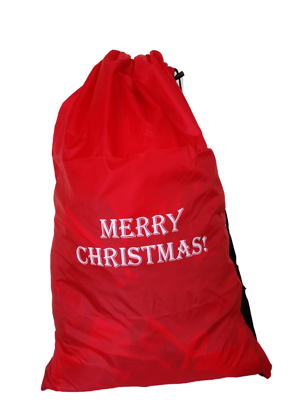 Sample of a red polyester bag with white print saying "Merry Christmas"