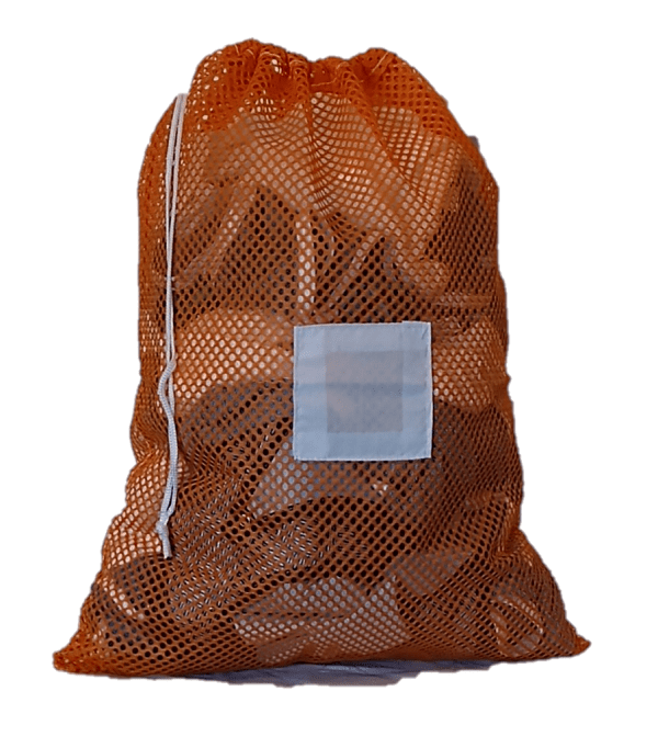 Small Orange Mesh Bag with Drawstring and Toggle with Sewn In ID Tag in the Front Center