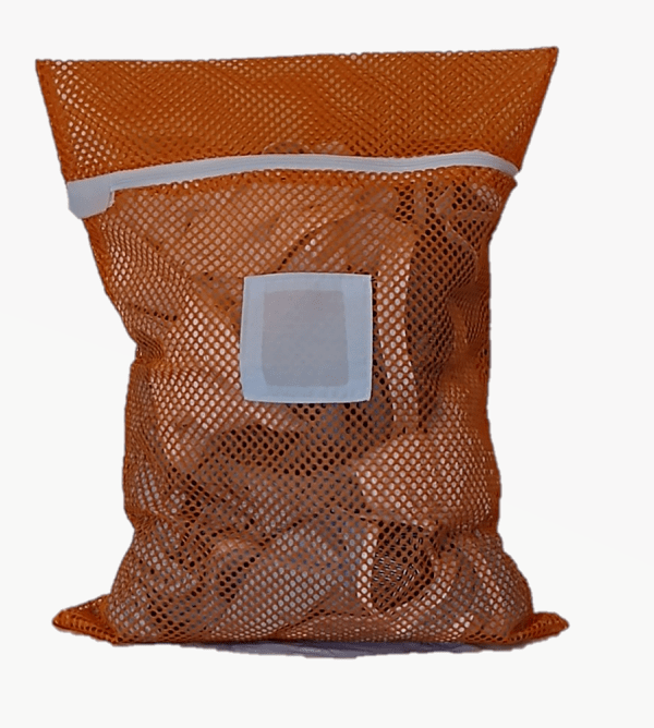 Small Orange Mesh Laundry Bag with Zipper and Sewn in ID Tag in the Front Center