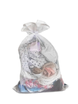 Open Top White Mesh Bag Cinched with a Cable Tie