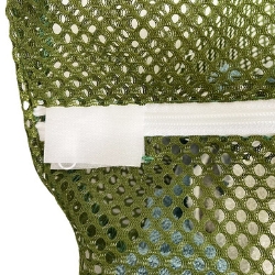Closeup of zipper on a mesh laundry bag