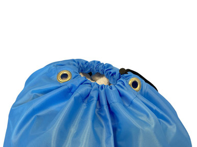 Closeup of grommets on a light blue small  laundry bag