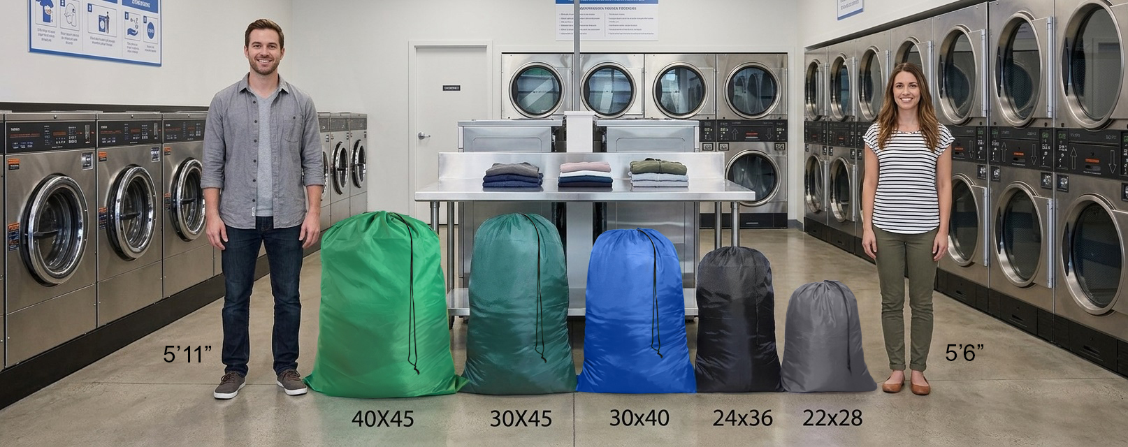 Solid polyester laundry bags in five sizes, from 22 x 28 inch small to 40 x 45 inch jumbo, shown side by side